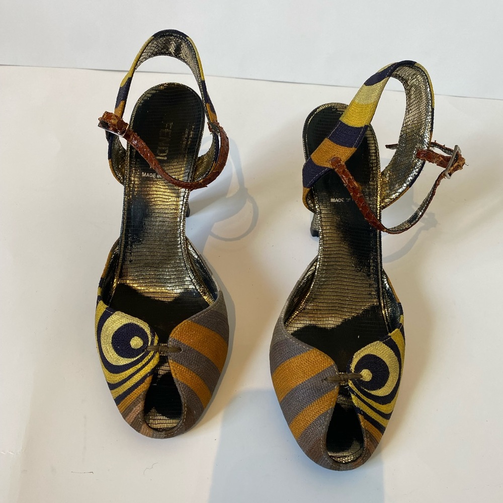 Fendi made in Italy 7.5 spiral design/ multi colour peep toe heel….
